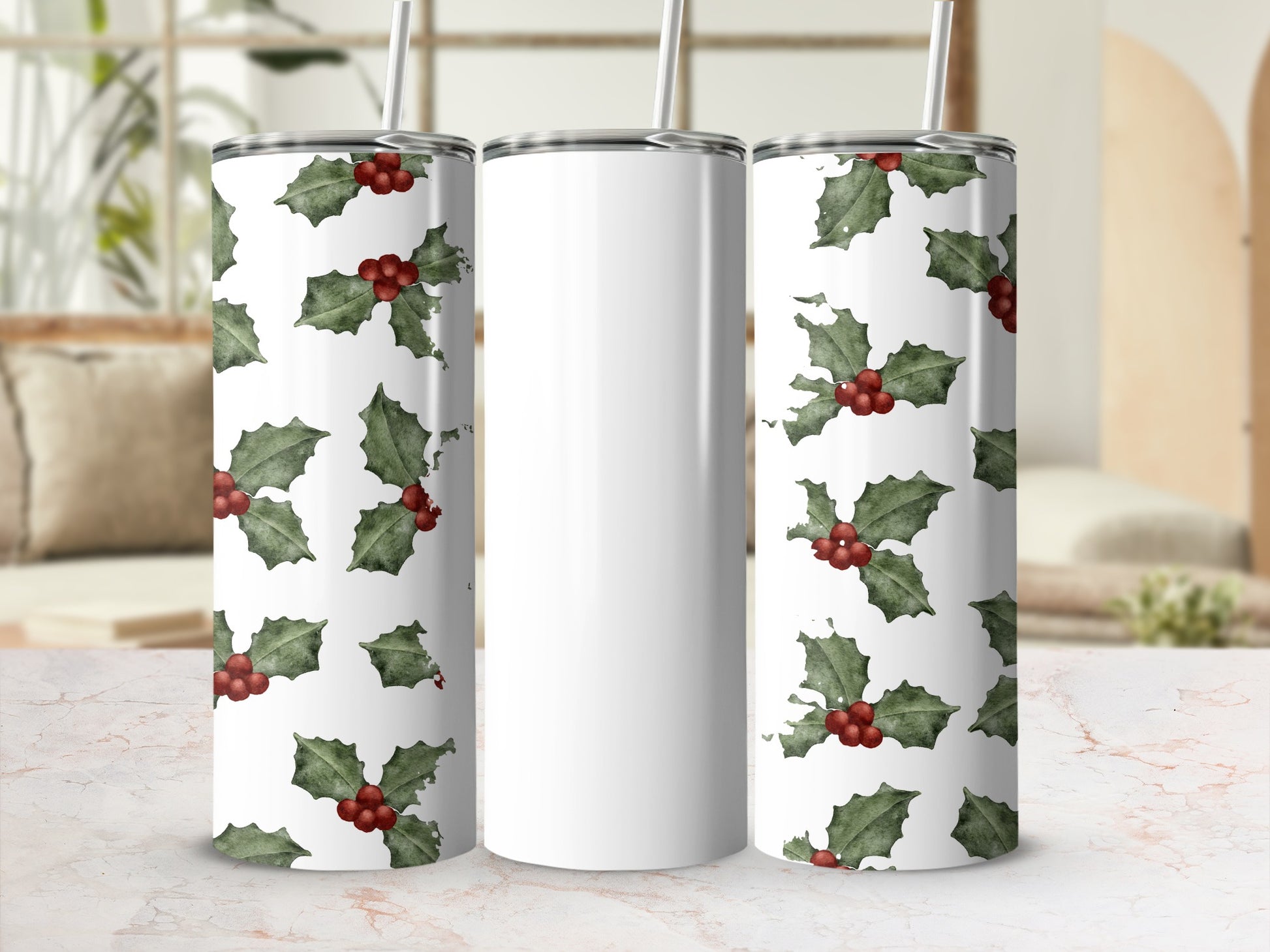 Festive Holly Leaves and Berries Tumbler Christmas Mug