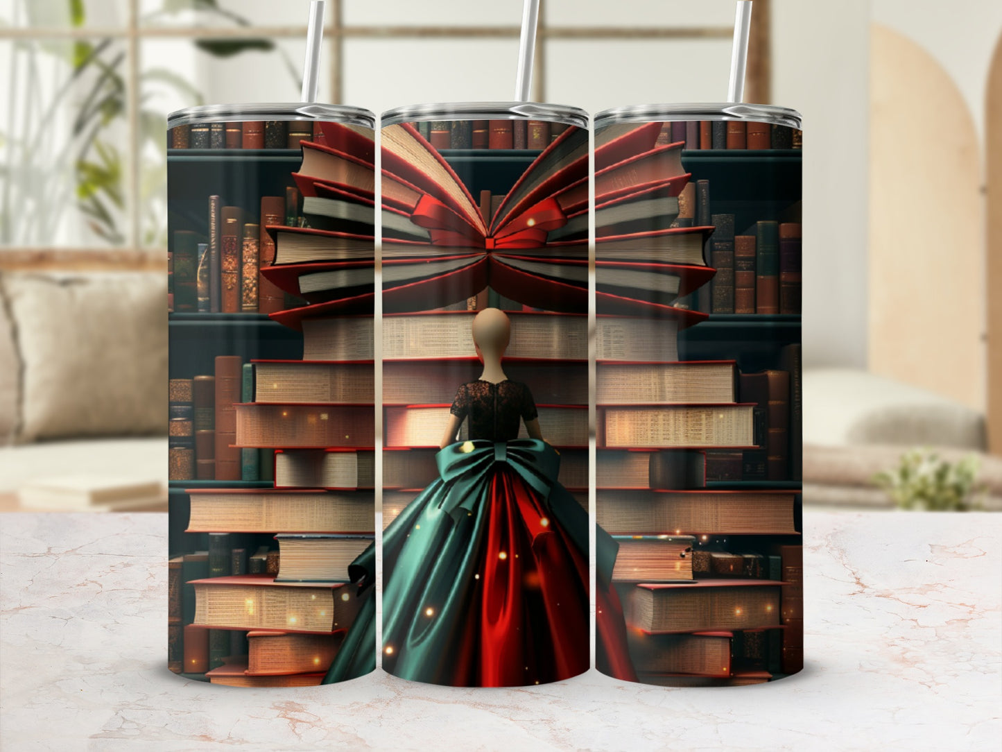 Stack of books forming a dress on a mannequin, with a bow.