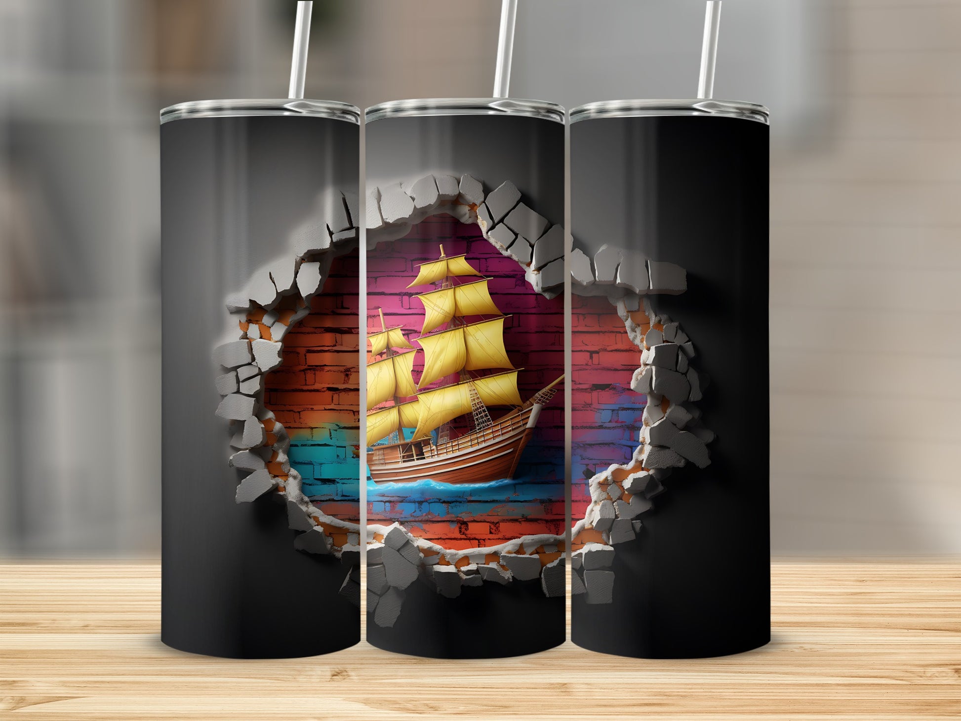 Vibrant Brick Wall Sailboat Tumbler With a 3D Effect