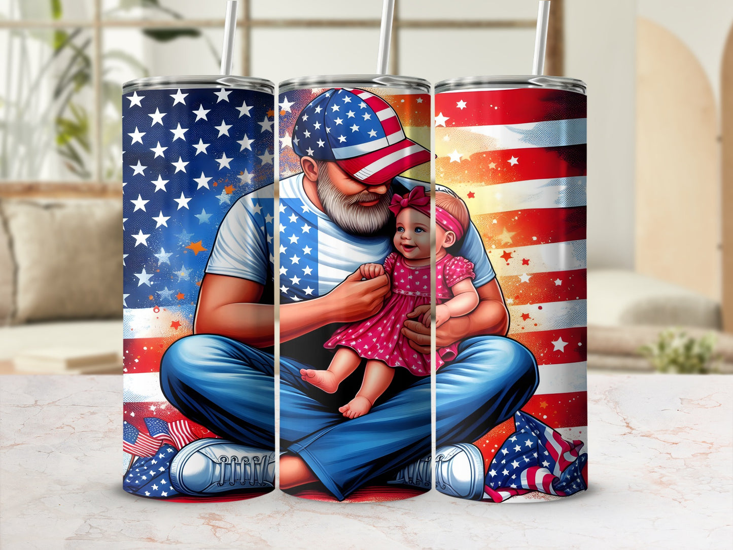 Man in patriotic hat holds baby in red dress with American flag background.