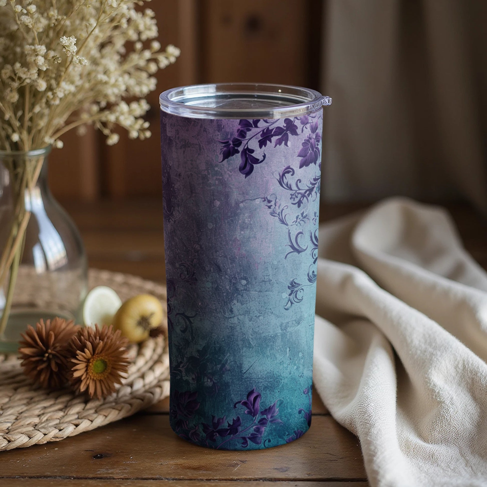 Elegant Purple to Blue Gradient Tumbler with Floral Design