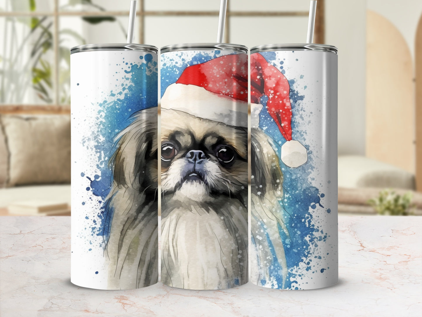 Watercolor Pekingese dog in Santa hat, rendered on a tumbler.