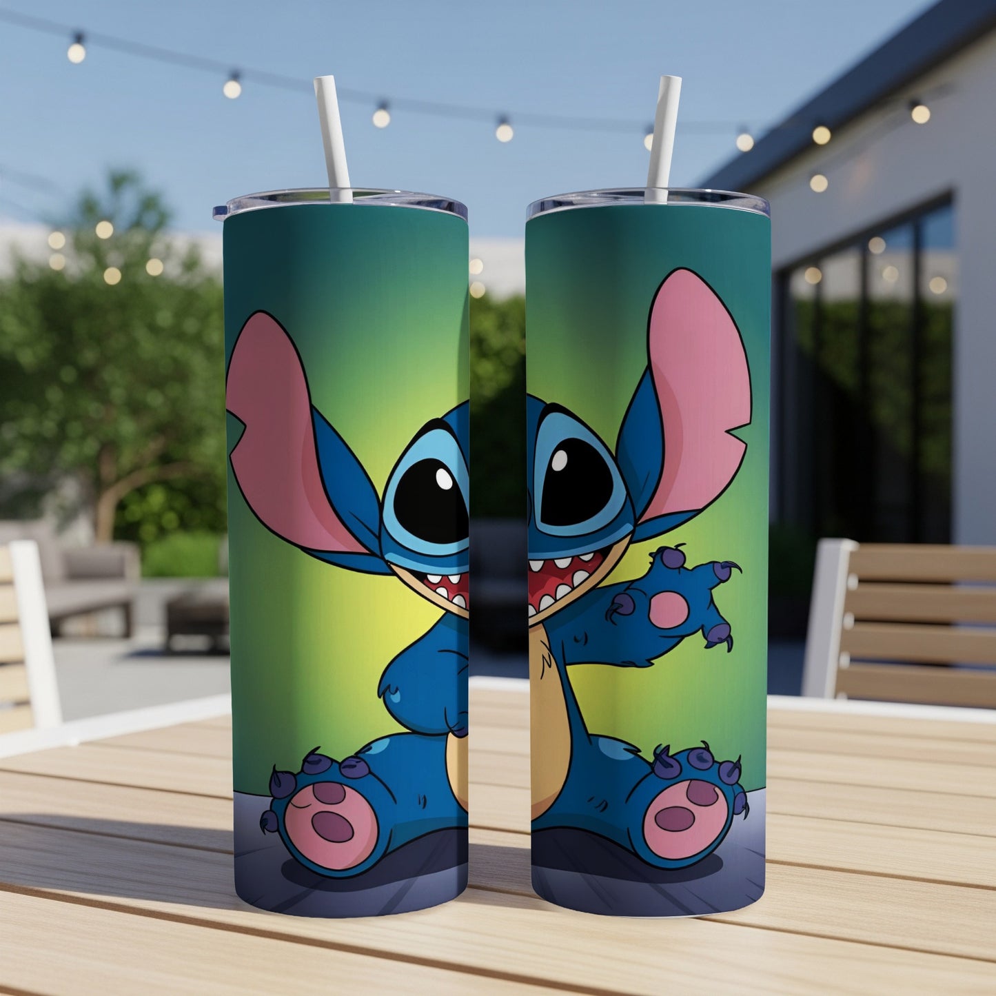 Two tumblers featuring Stitch from Lilo & Stitch sitting with green background.