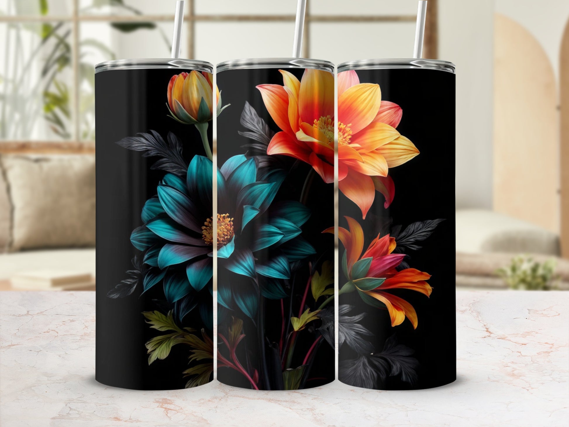 Tall tumblers with vibrant floral designs in warm and cool tones.