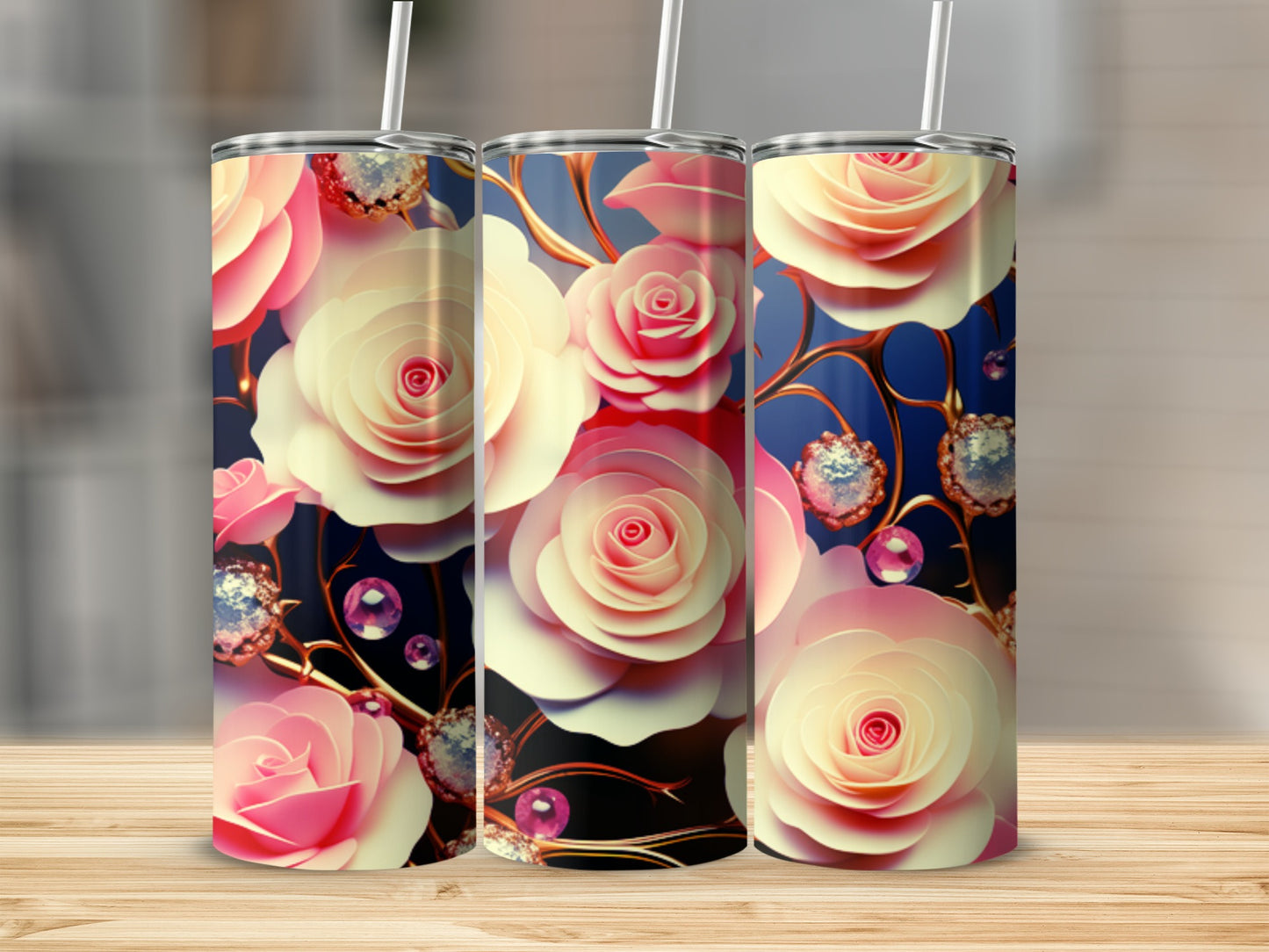 Pink and white roses with gold accents on a dark blue background.