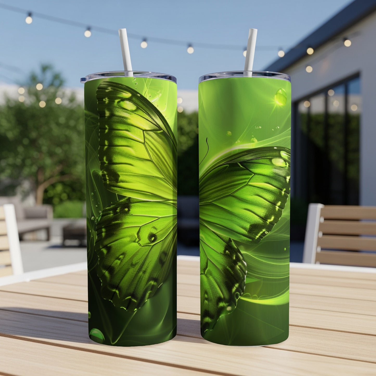 Two green butterfly tumblers with straws on a wooden table outdoors.