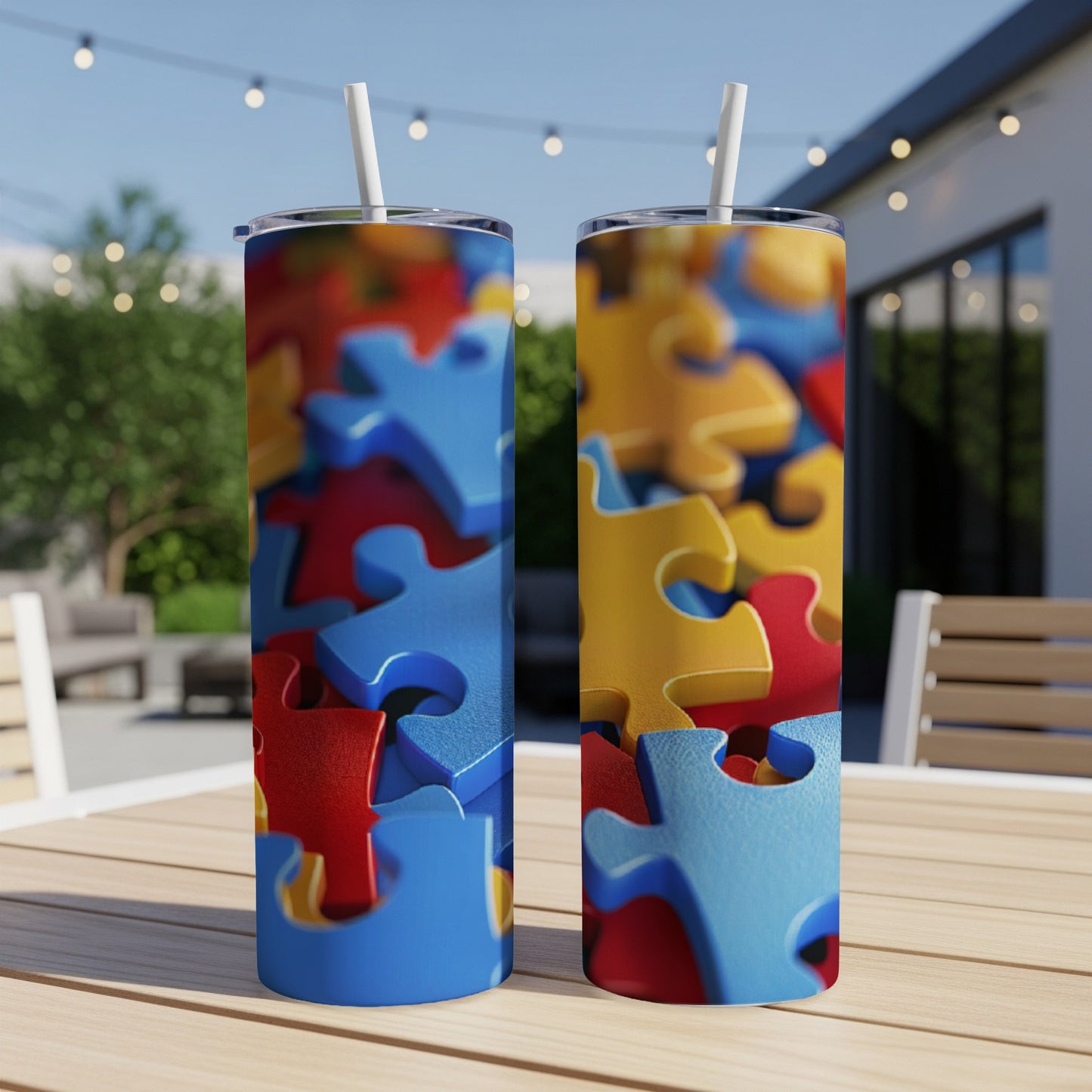 Two tumblers with a colorful puzzle piece design sit on a wooden table.