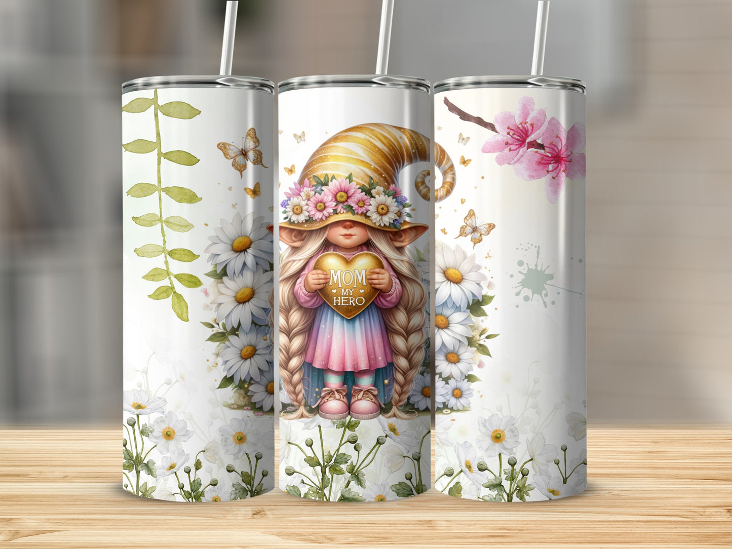 Cute Gnome and Floral Design Insulated Tumbler