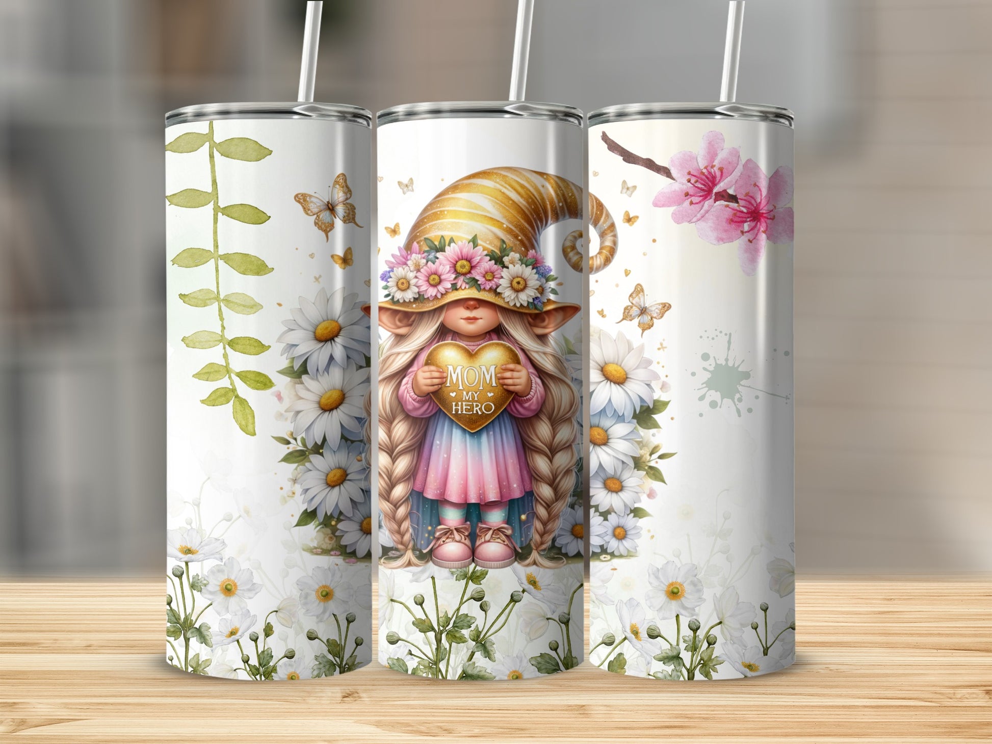 Cute Gnome and Floral Design Insulated Tumbler