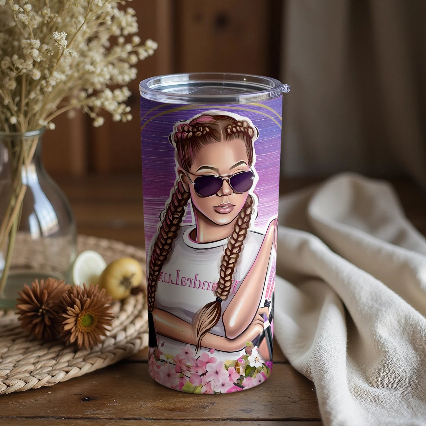 Cool Braided Hair Girl Art Tumbler with Sunglasses