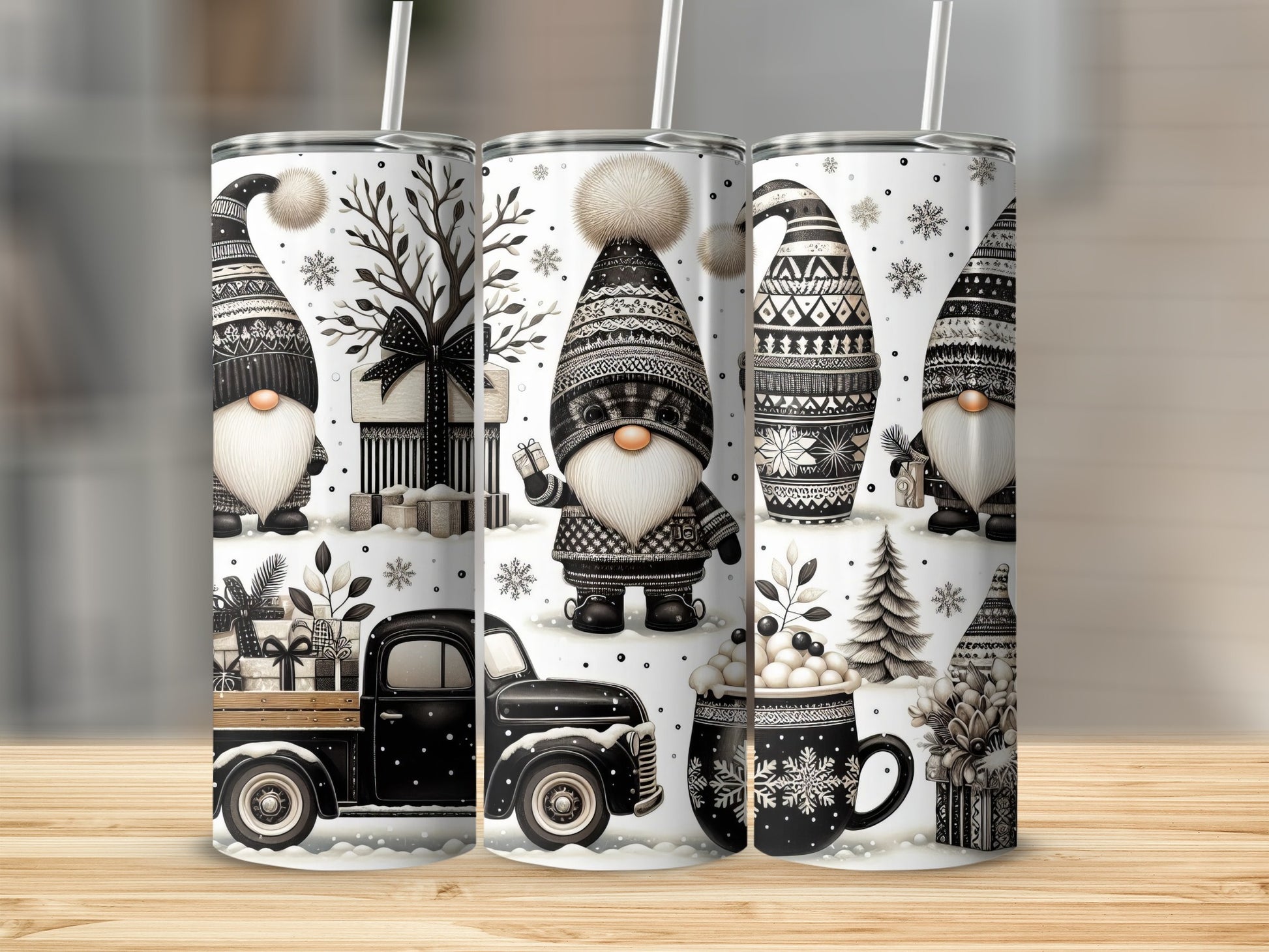 Gnomes and truck in winter pattern on three tumblers.