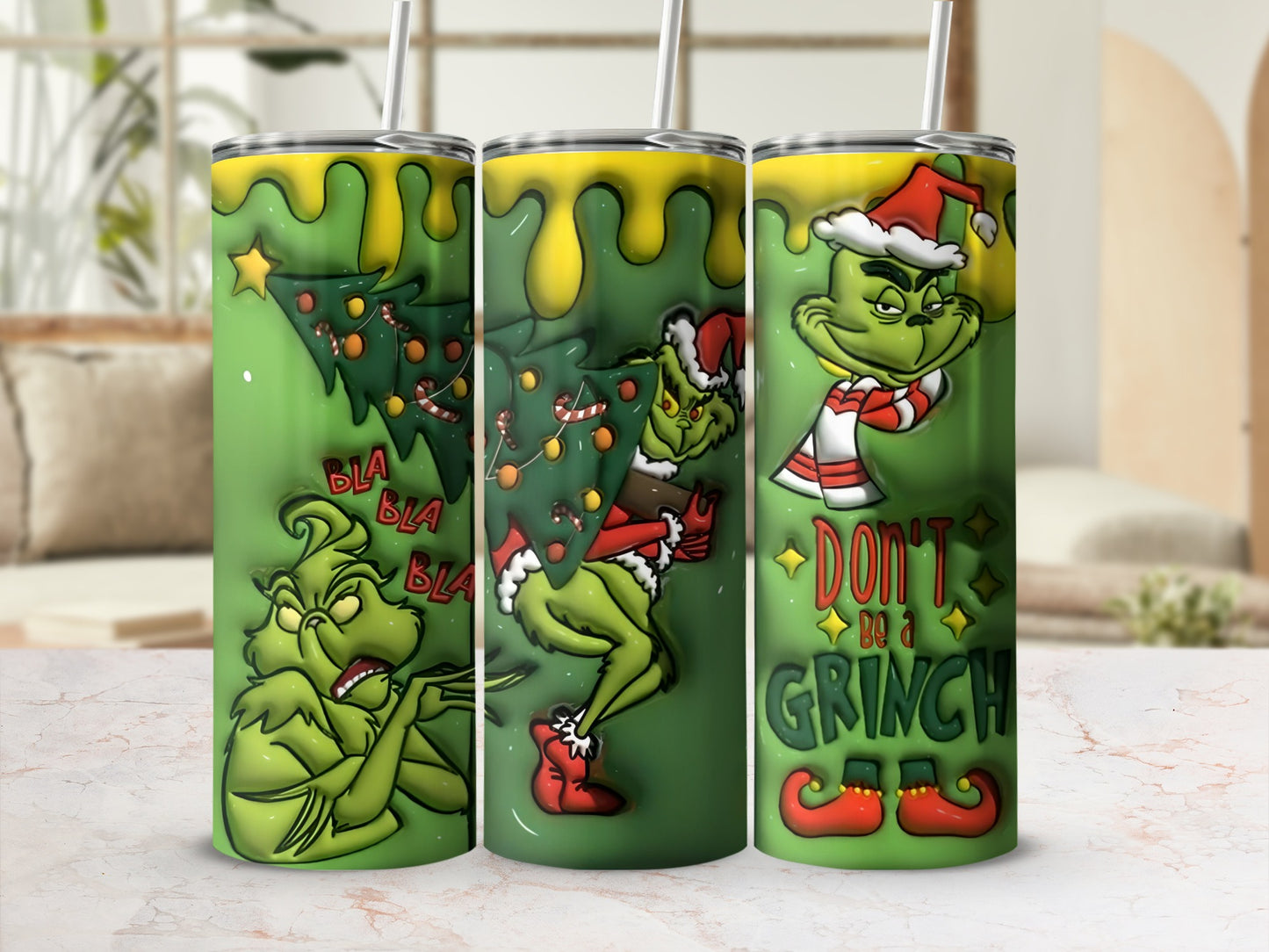Grinch Themed Triple Design Tumbler Christmas Cup