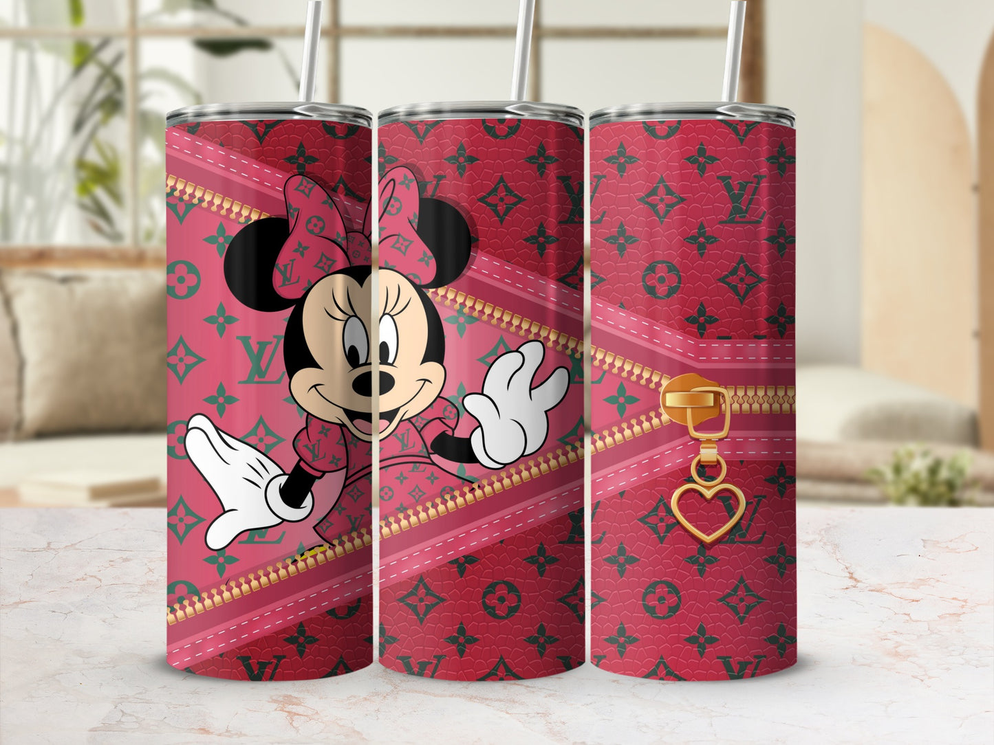 Cute Cartoon Character Patterned Tumbler with Heart Charm