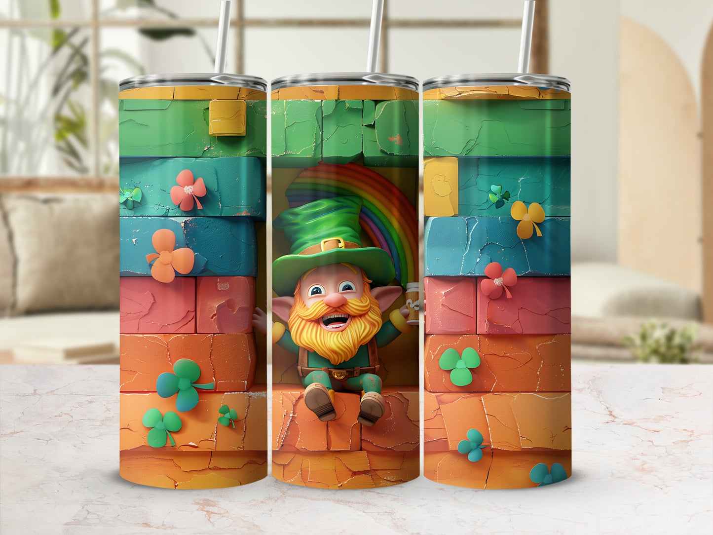 Leprechaun with rainbow, shamrocks, and colorful brick pattern on tumbler.