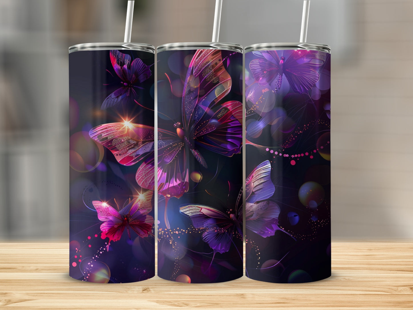 Three tumblers with a dark background and glowing purple and pink butterflies.