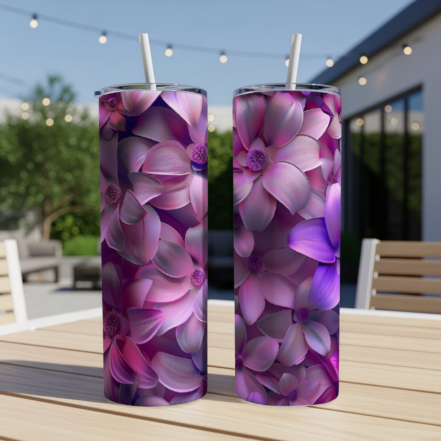 Two tumblers with a vibrant floral pattern of pink and purple flowers.