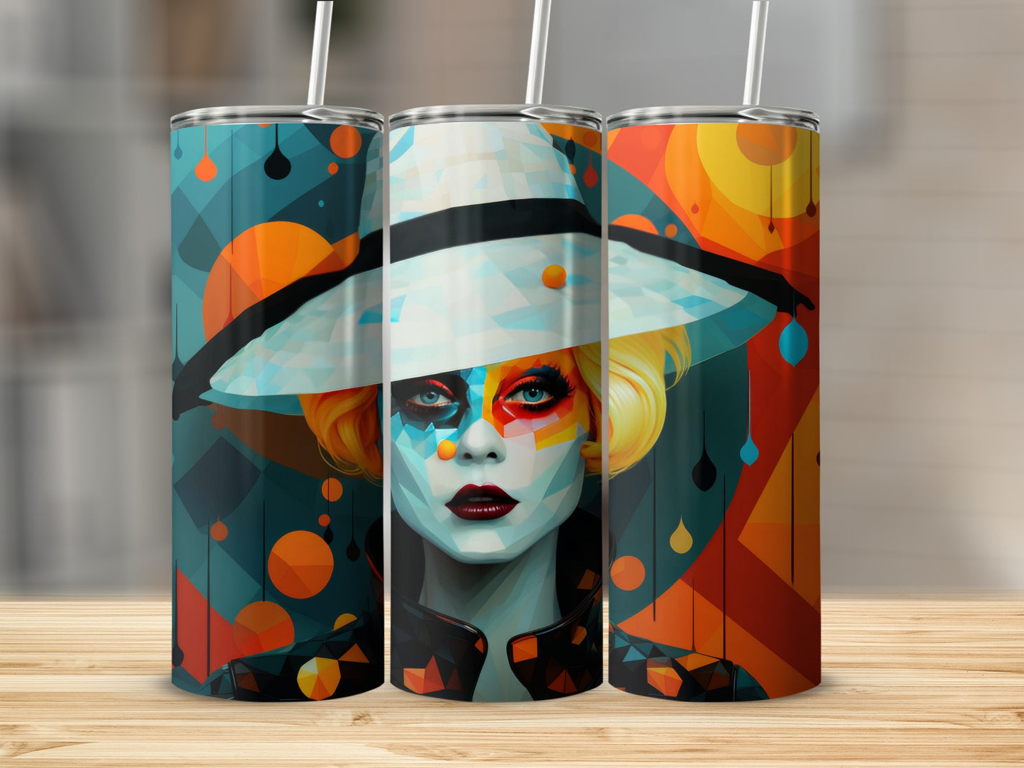 Three tumblers with abstract geometric art featuring a woman's face and colorful shapes.