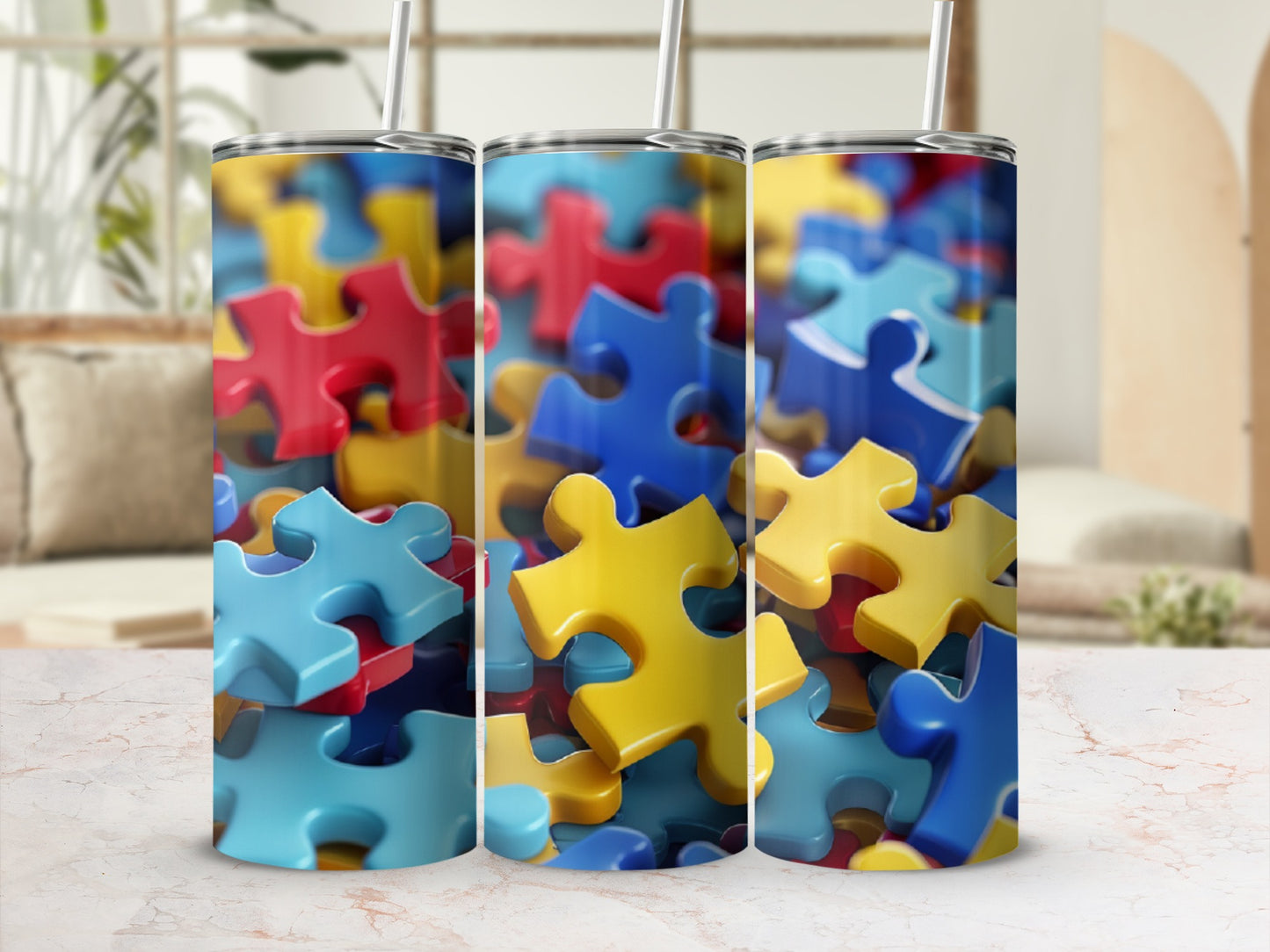 Tumbler with a colorful abstract puzzle piece pattern.
