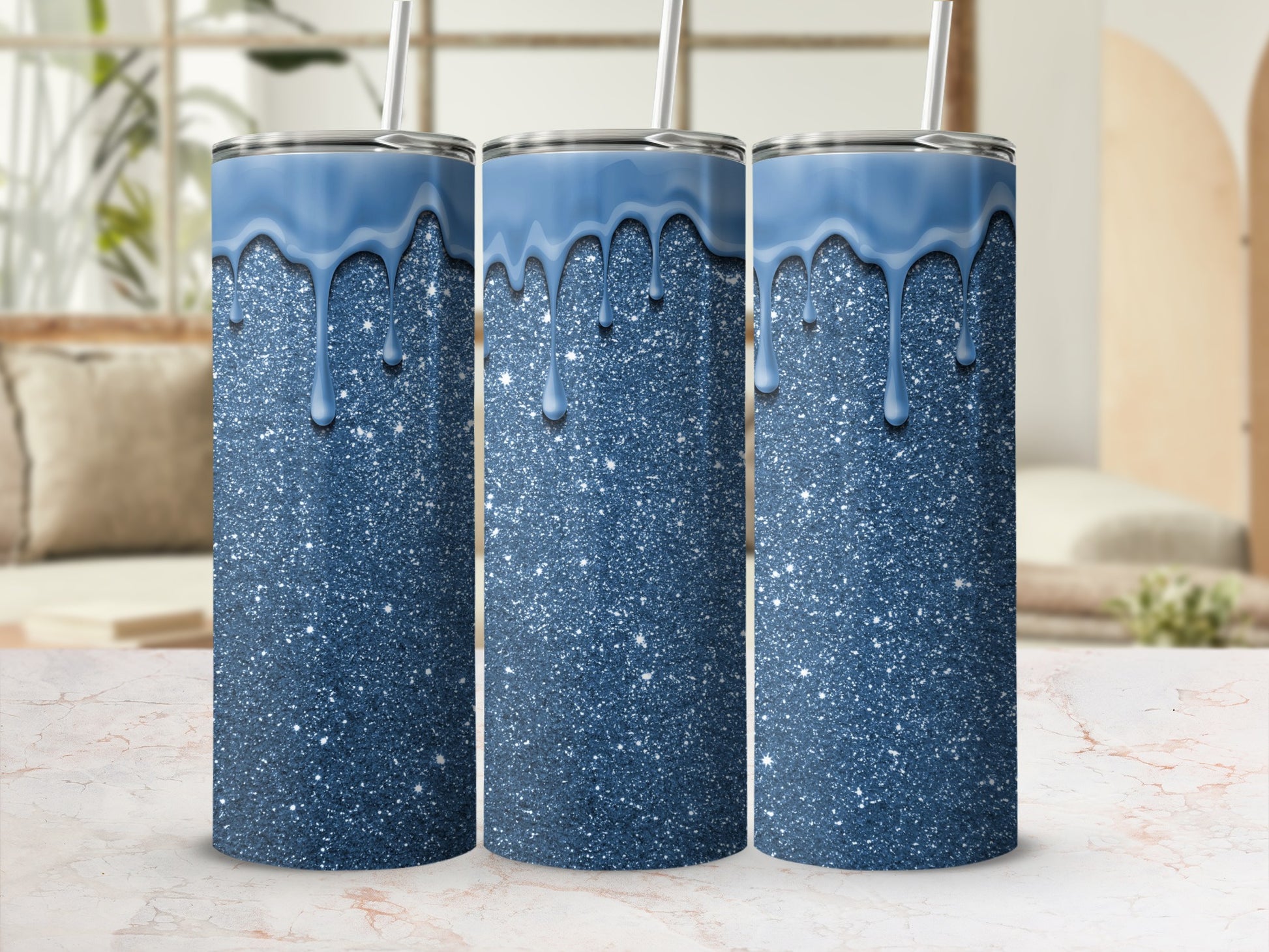 Glittering Blue Tumbler with Melting Ice Design
