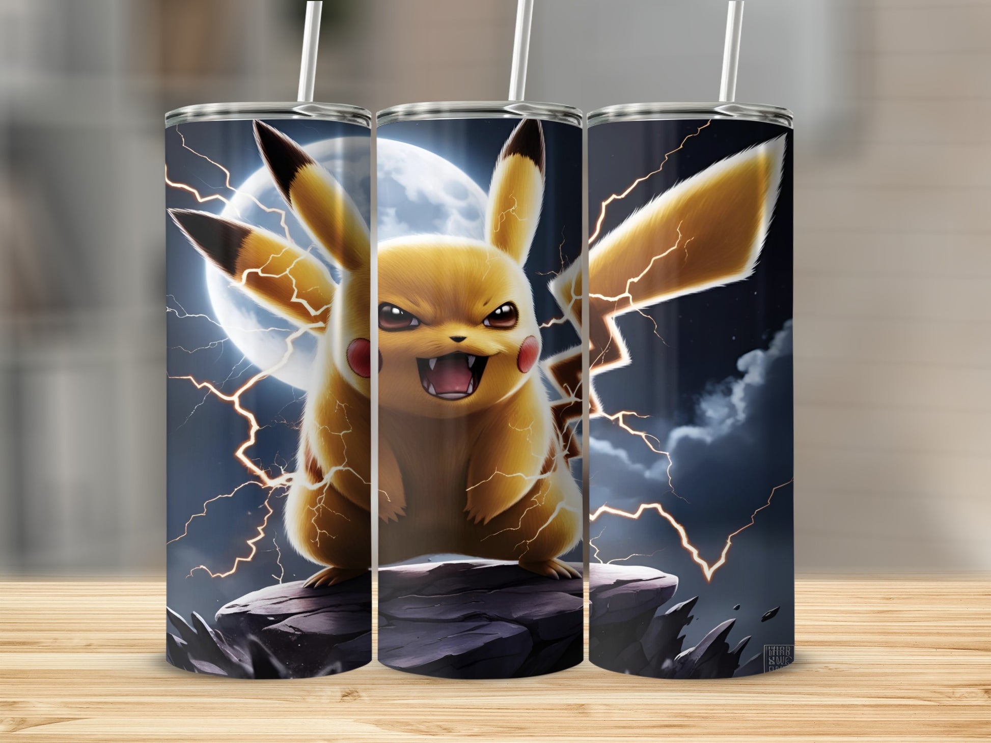Pikachu on rocky outcrop with moon and lightning.