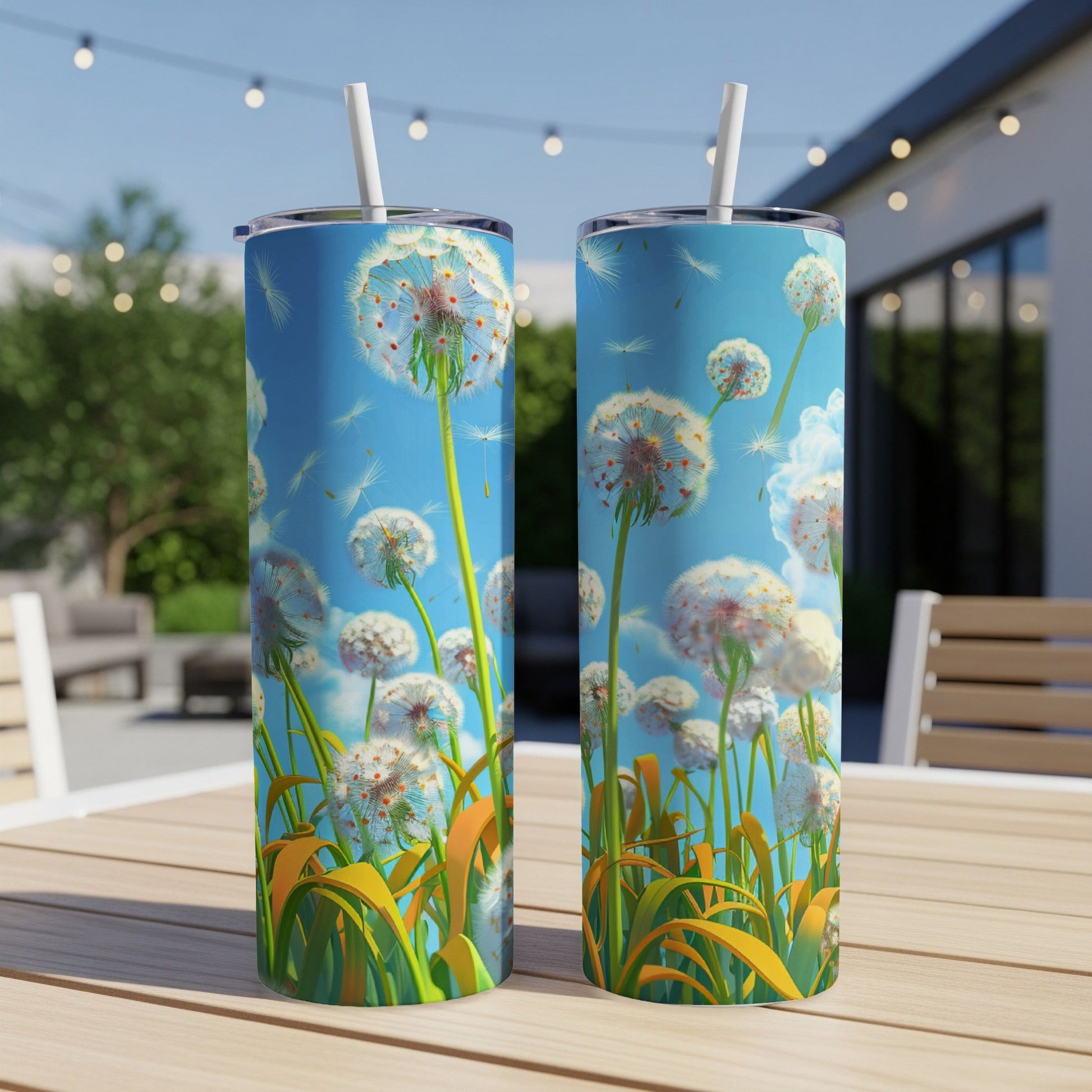 Two tall, skinny tumblers with dandelion and seed illustrations sit on a wooden table.