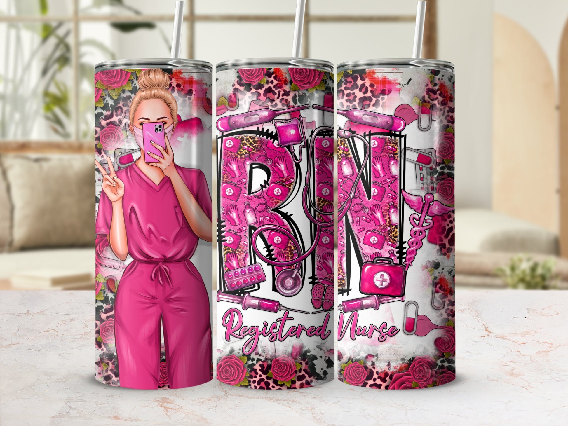 RN registered nurse tumbler with pink floral and stethoscope design.