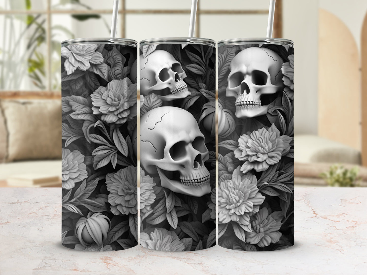 Floral pattern with skulls and leaves on a tumbler.