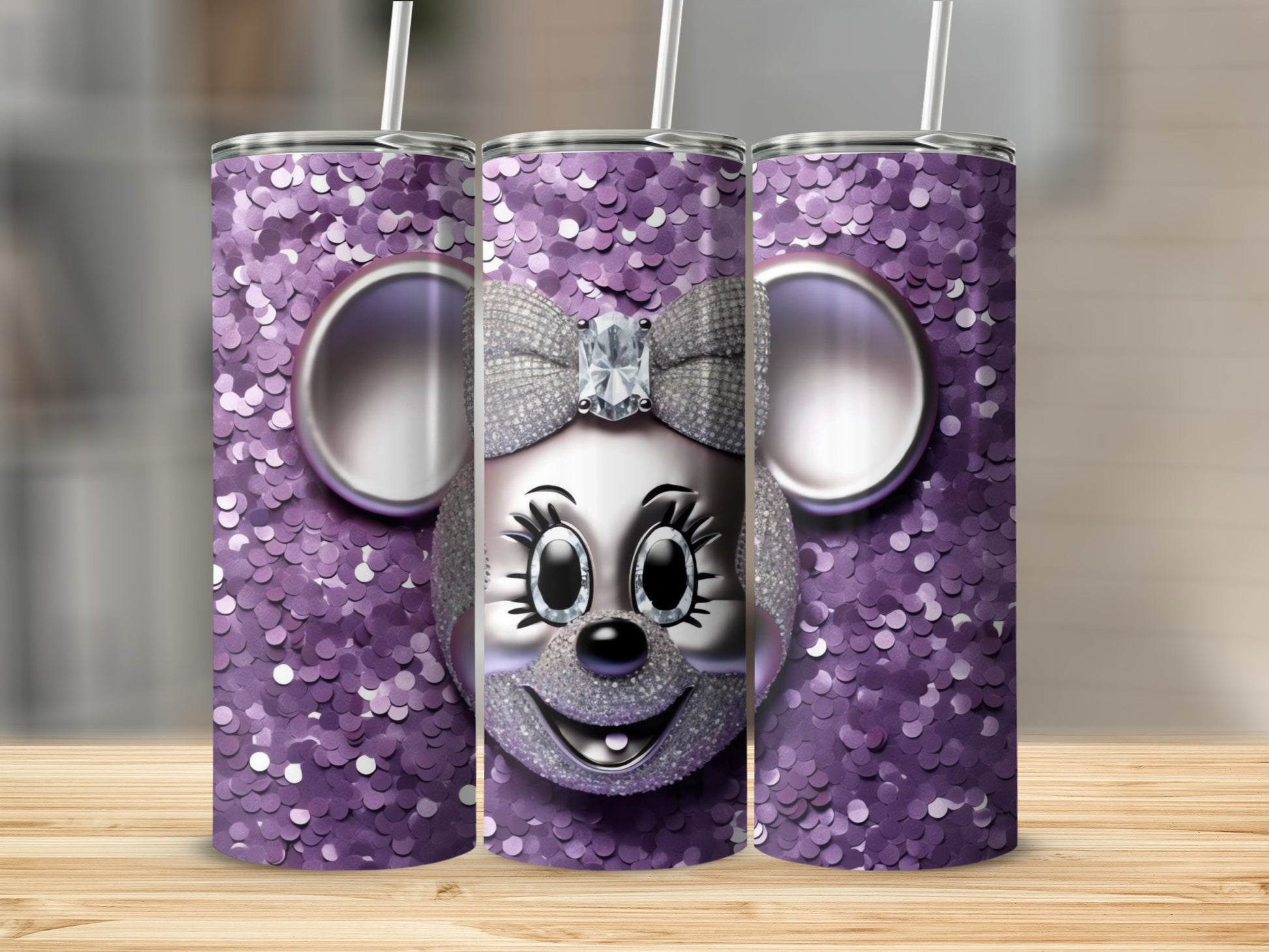 Glittery Purple Mouse Ears Rhinestone Tumbler Cup