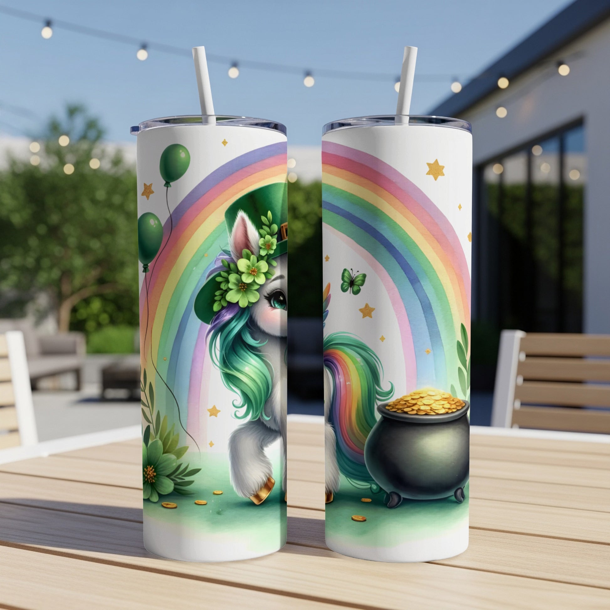Unicorn with rainbow, pot of gold, and shamrocks on St. Patrick's Day tumbler.