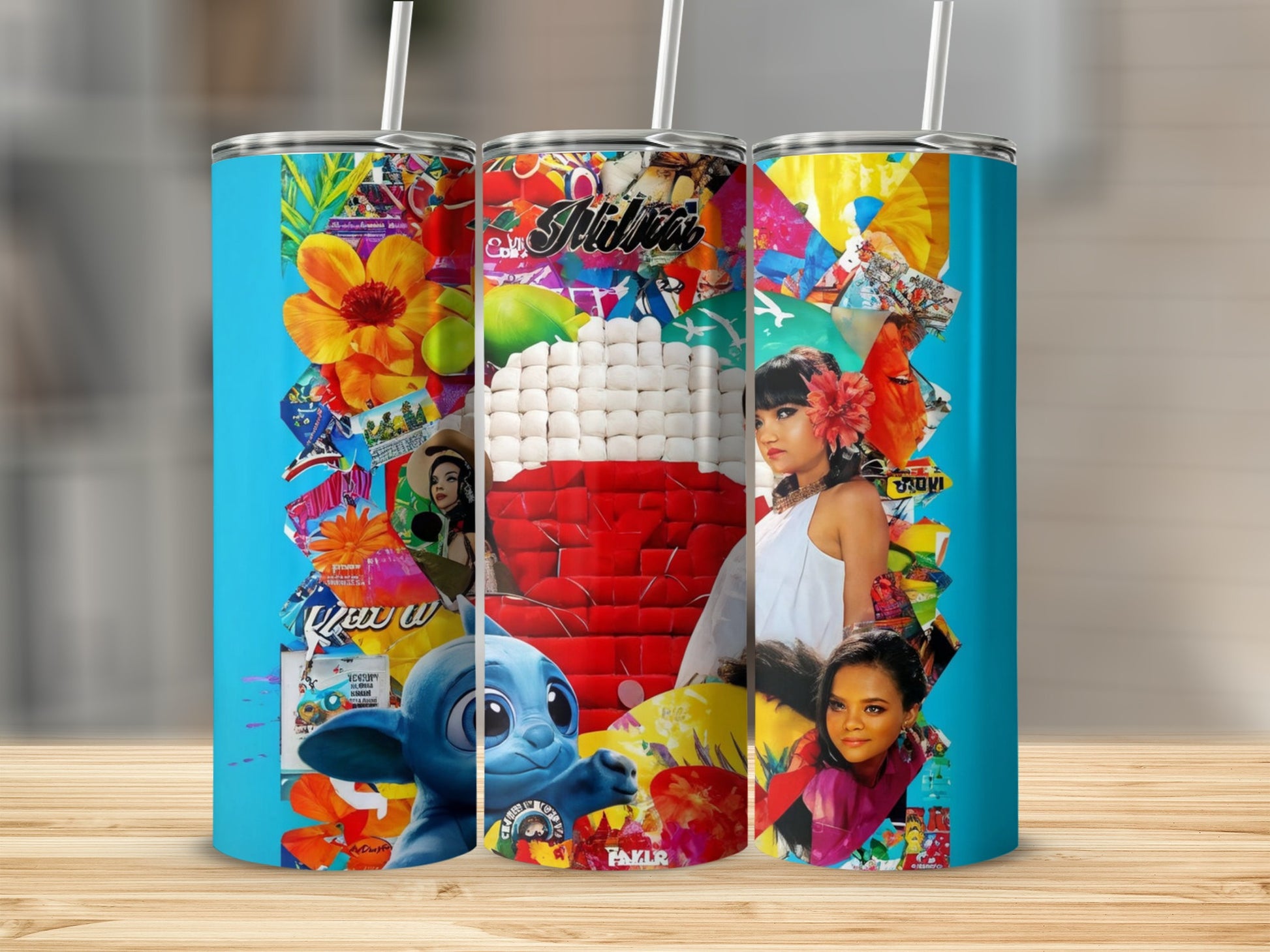 Collage with Stitch, floral elements, and a woman in a white top.
