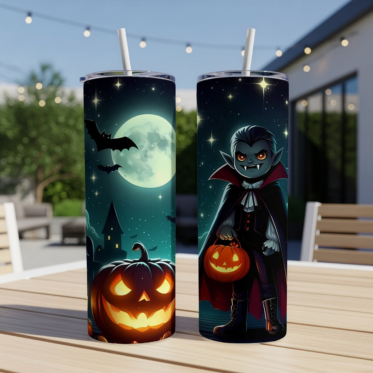 Two tumblers feature Halloween designs with a vampire holding a pumpkin and a haunted castle.