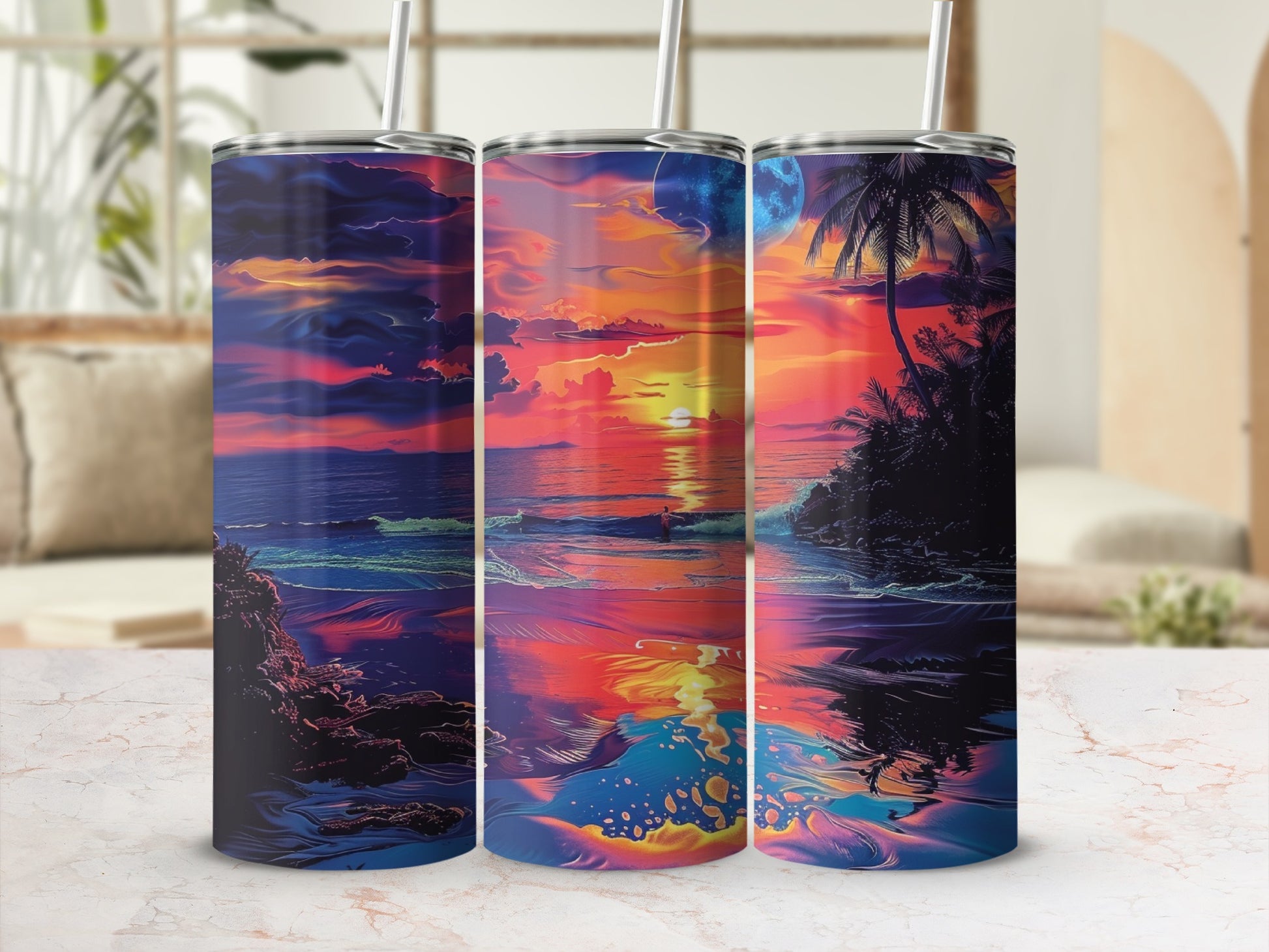 Three tumblers showing a vibrant sunset over a tropical ocean with palm trees.