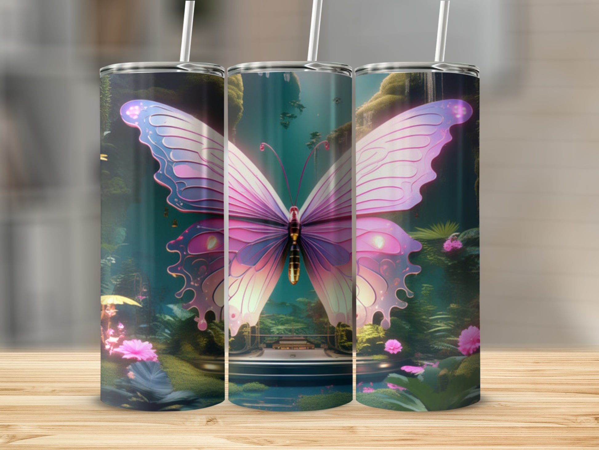 Pink butterfly design on three tumblers with magical forest background.