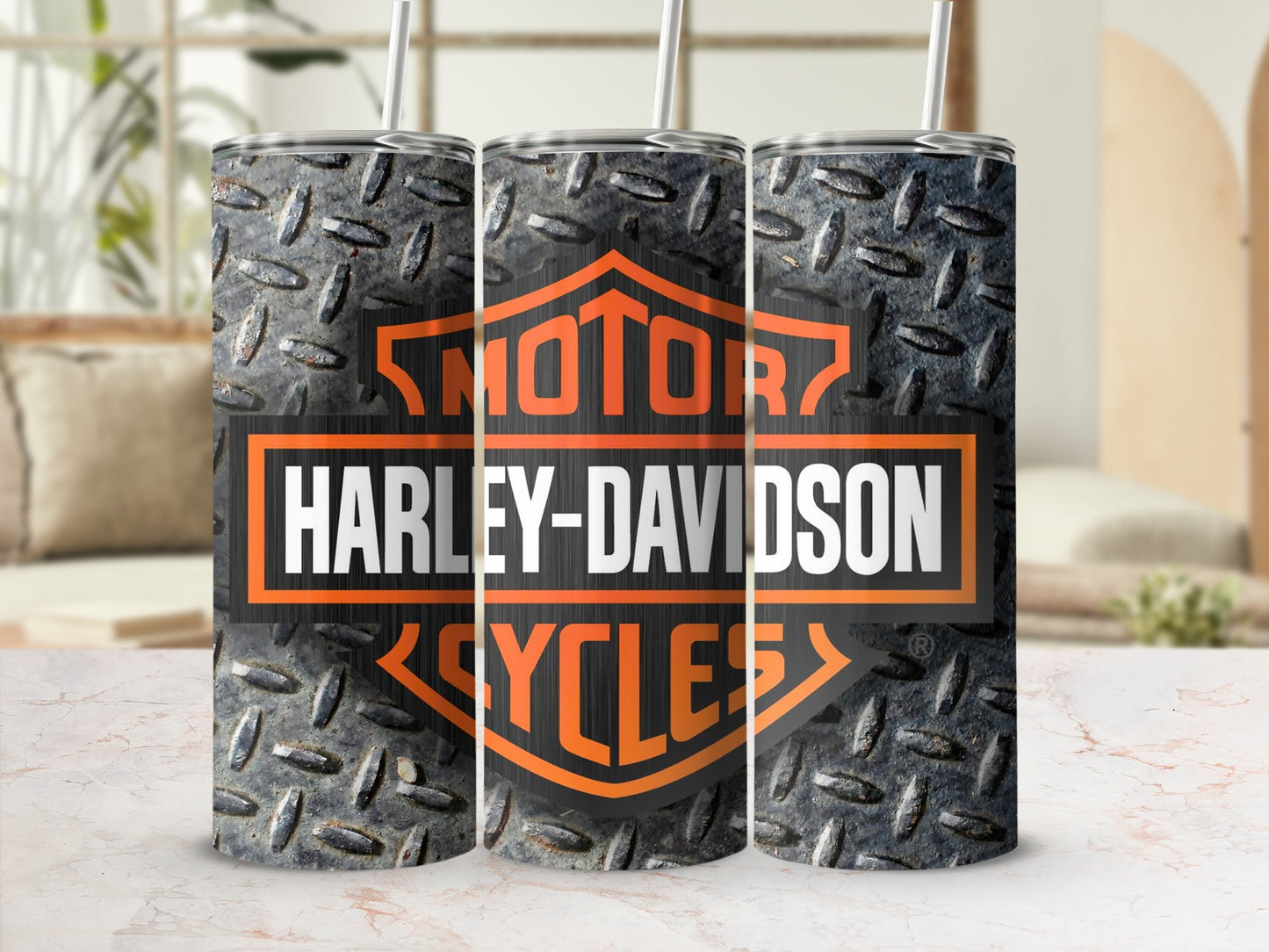 Harley-Davidson Cycles logo on a diamond plate patterned tumbler with a straw.