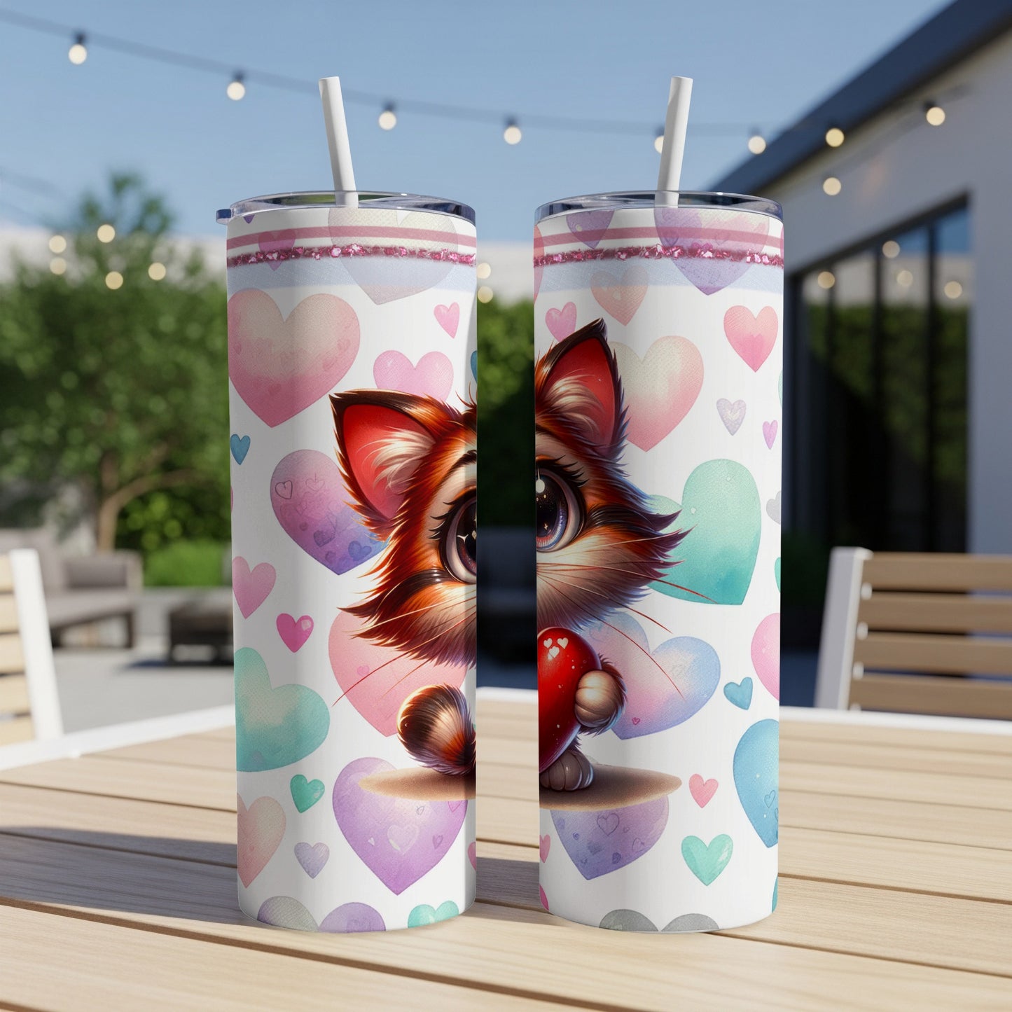 Two tall tumblers with a cartoon cat and hearts design.