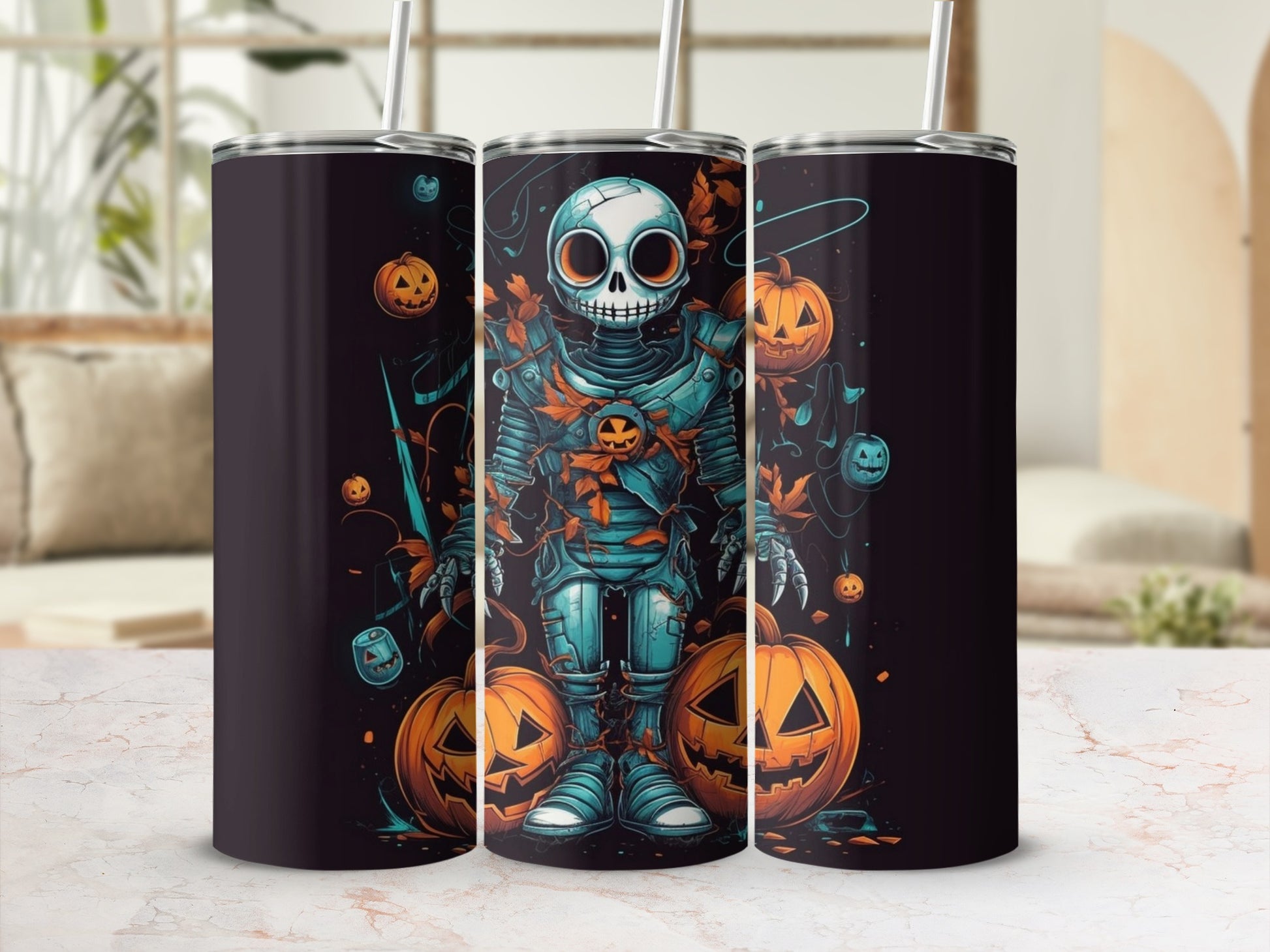 Halloween Robot With Pumpkins Halloween tumbler