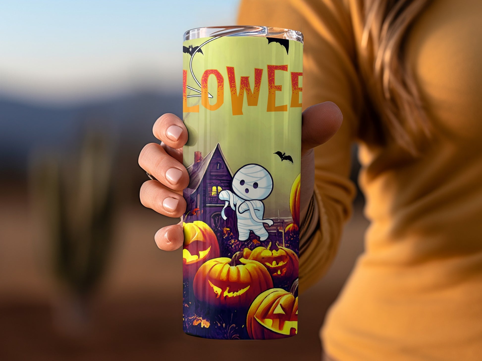 Halloween Mummy and Pumpkins Themed Travel Tumbler