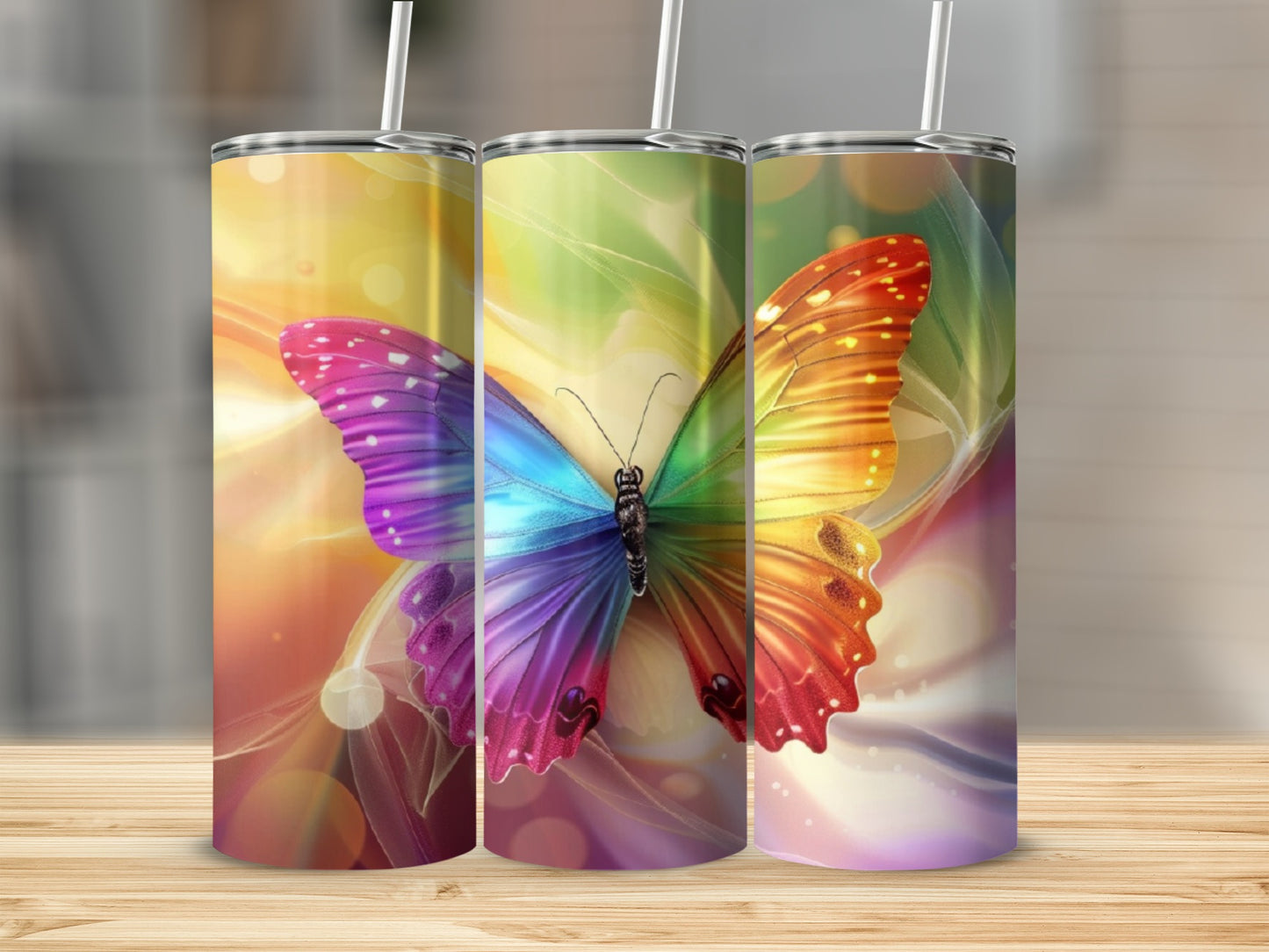 Three tumblers with a vibrant, multi-colored butterfly design and light flares.