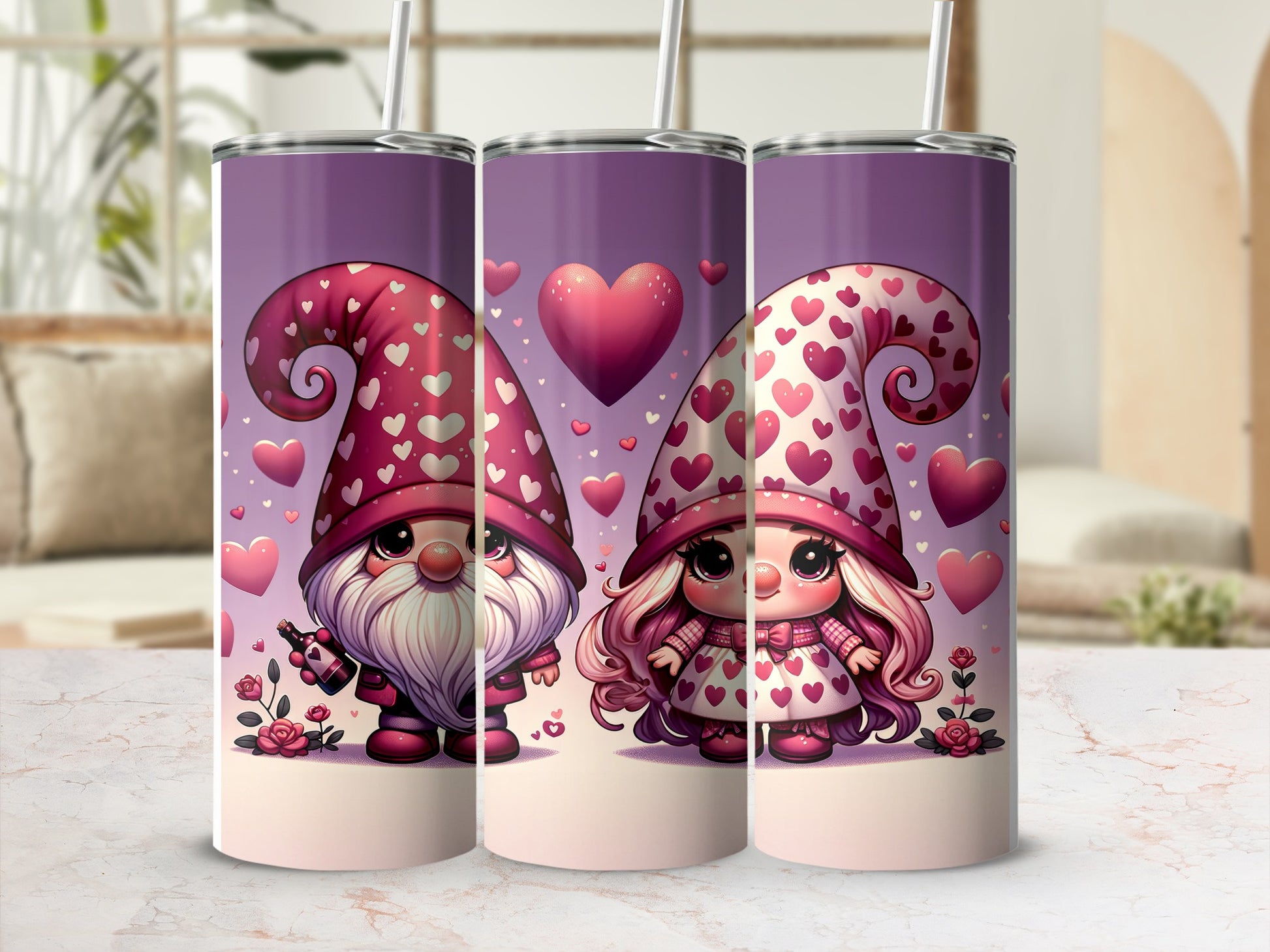 Two gnomes with hearts and stars on hats, one with a beard.