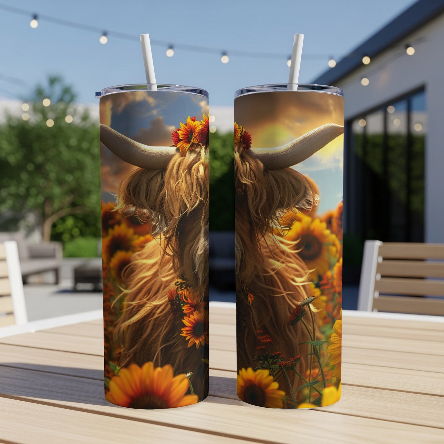 Highland cow with sunflowers on a tall tumbler.
