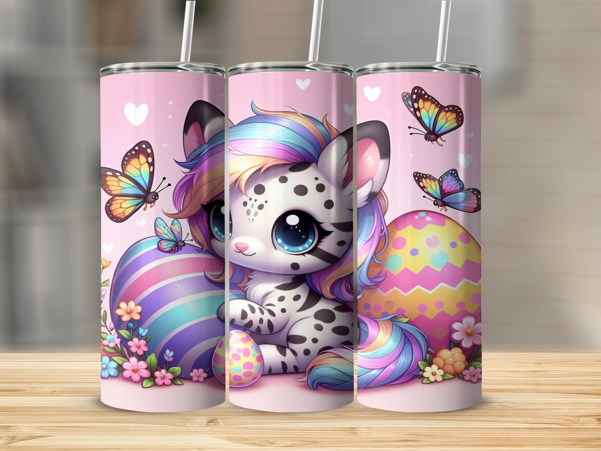 Leopard cub with rainbow mane and tail beside Easter eggs and butterflies.