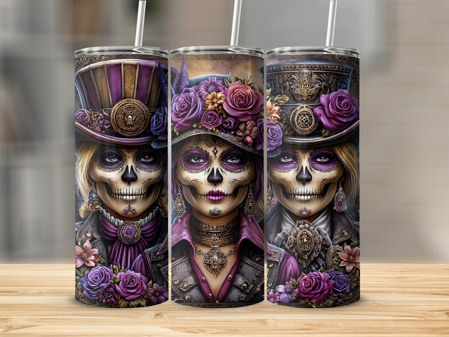 Sugar Skull Top Hat and Roses Artistic Insulated Tumblers