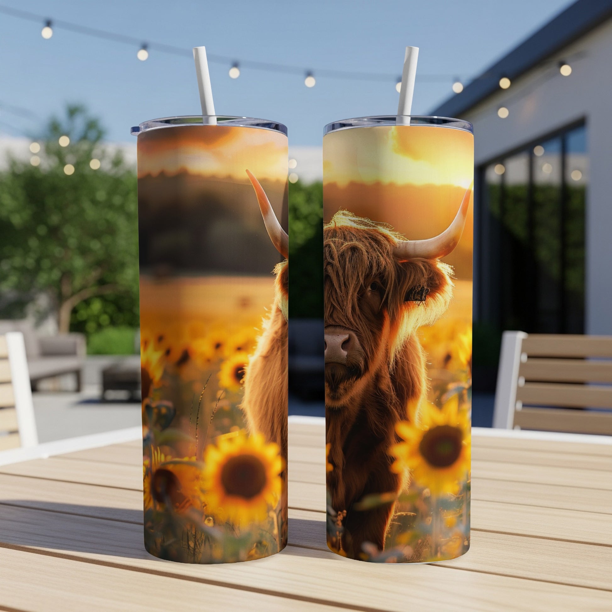 Highland cow and sunflowers on a tumbler with straws, outdoors.