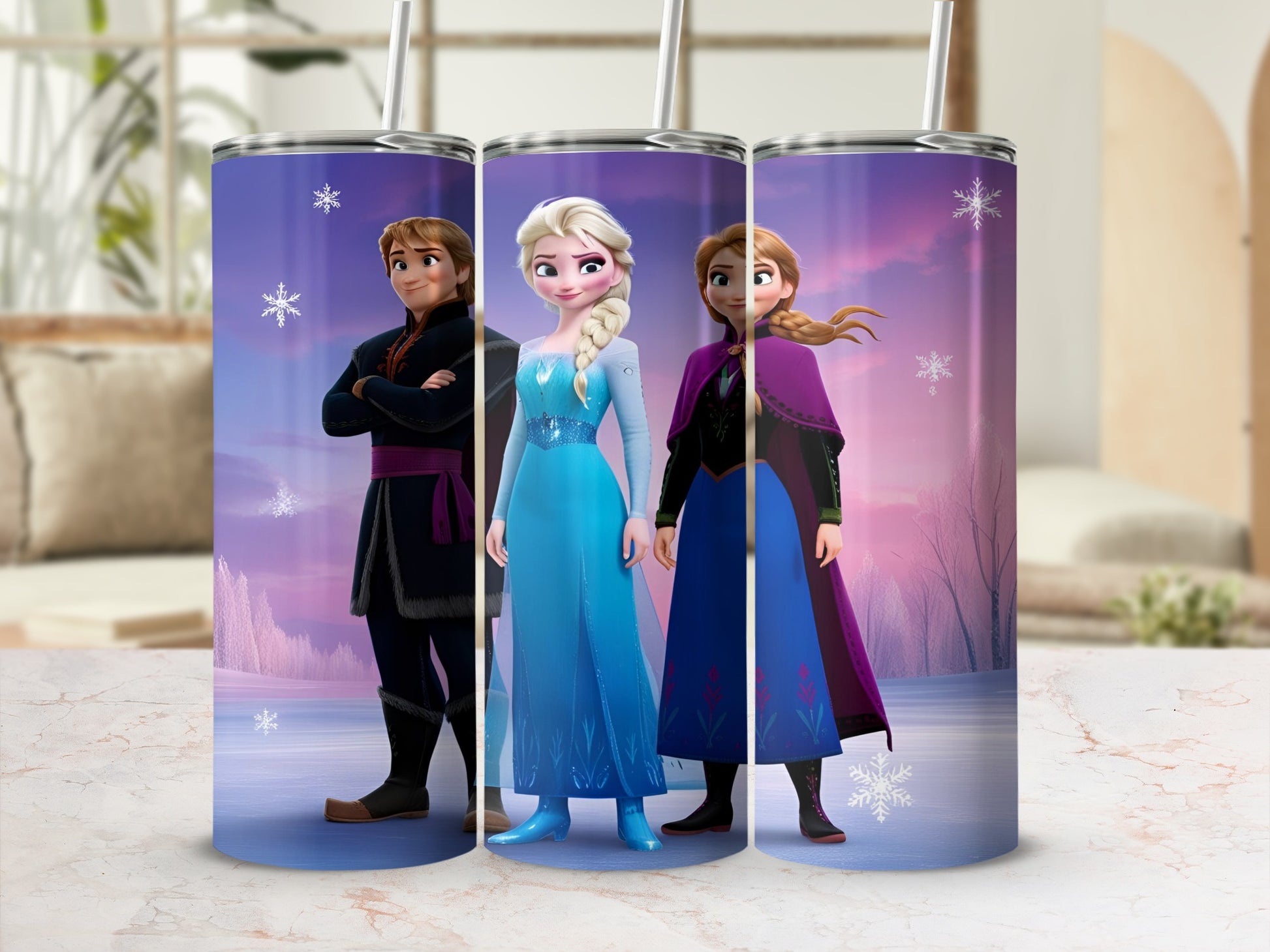 Three Frozen characters, Kristoff, Elsa, and Anna, on a purple tumbler.