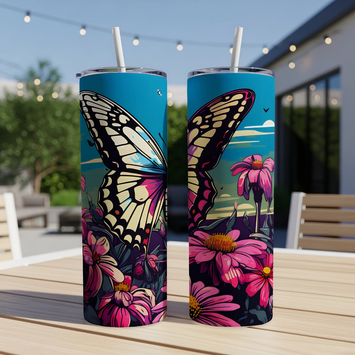 Two tumblers with a butterfly and pink flower design on an outdoor table.