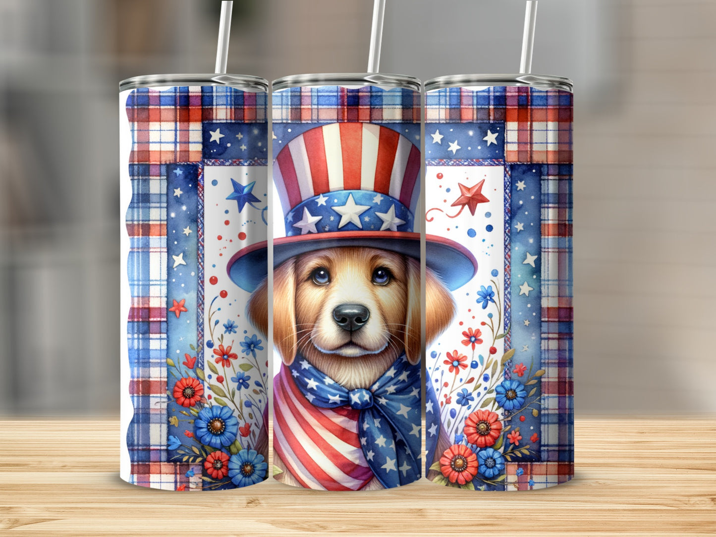 Golden retriever puppy wearing a patriotic hat and bandana, surrounded by flowers.