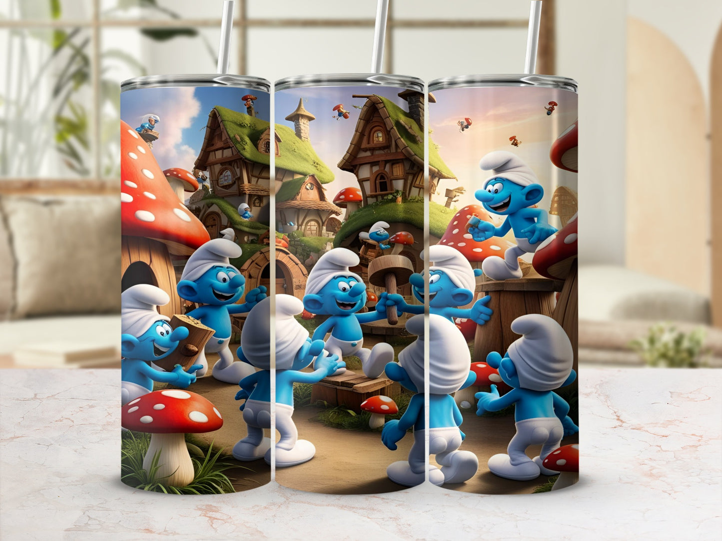 Smurfs playing outside mushroom houses in a cartoon village.