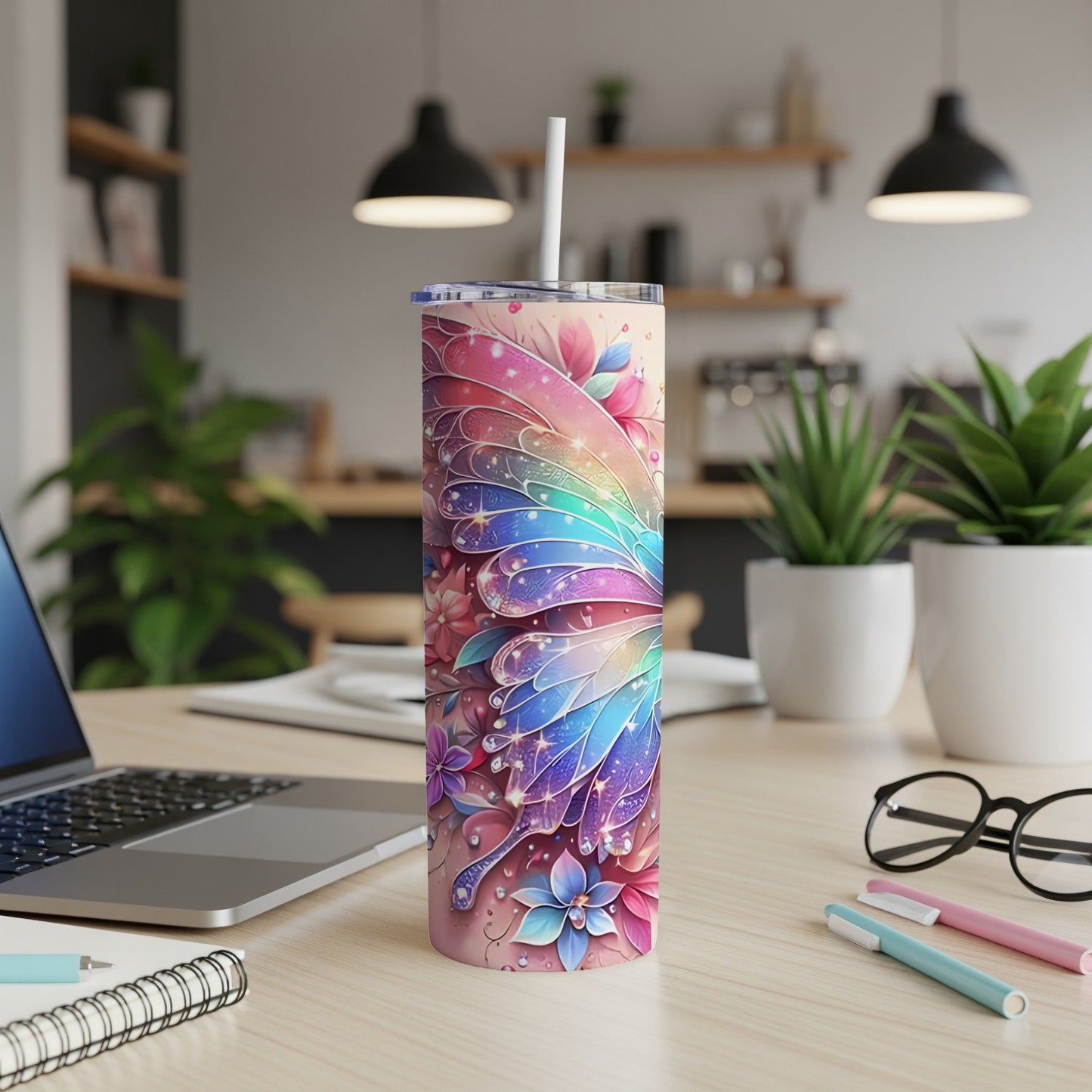 Rainbow butterfly tumbler with colorful floral accents on a desk.