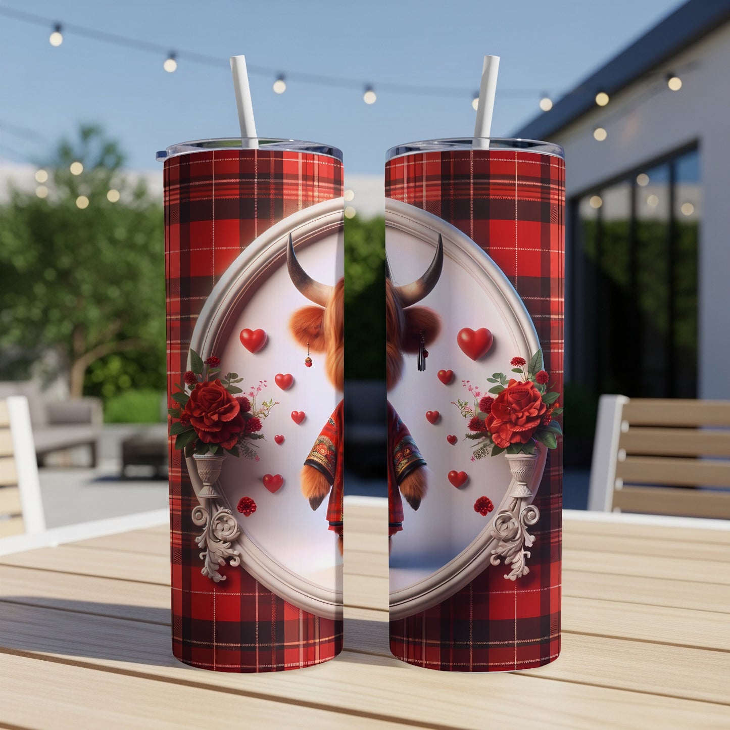 Red plaid tumbler featuring a Highland cow in a white oval frame with hearts.