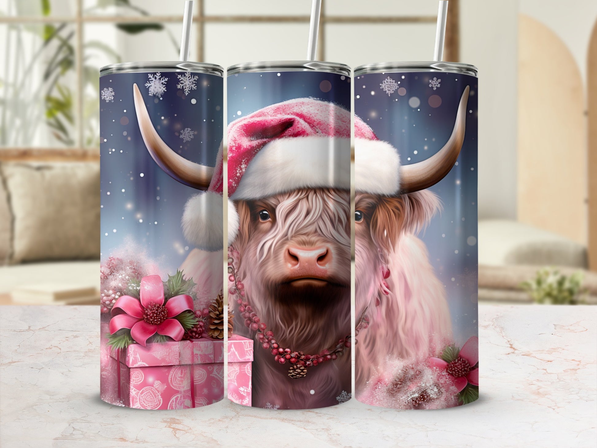 Highland Cow Christmas Santa Hat Tumbler Cup 20oz